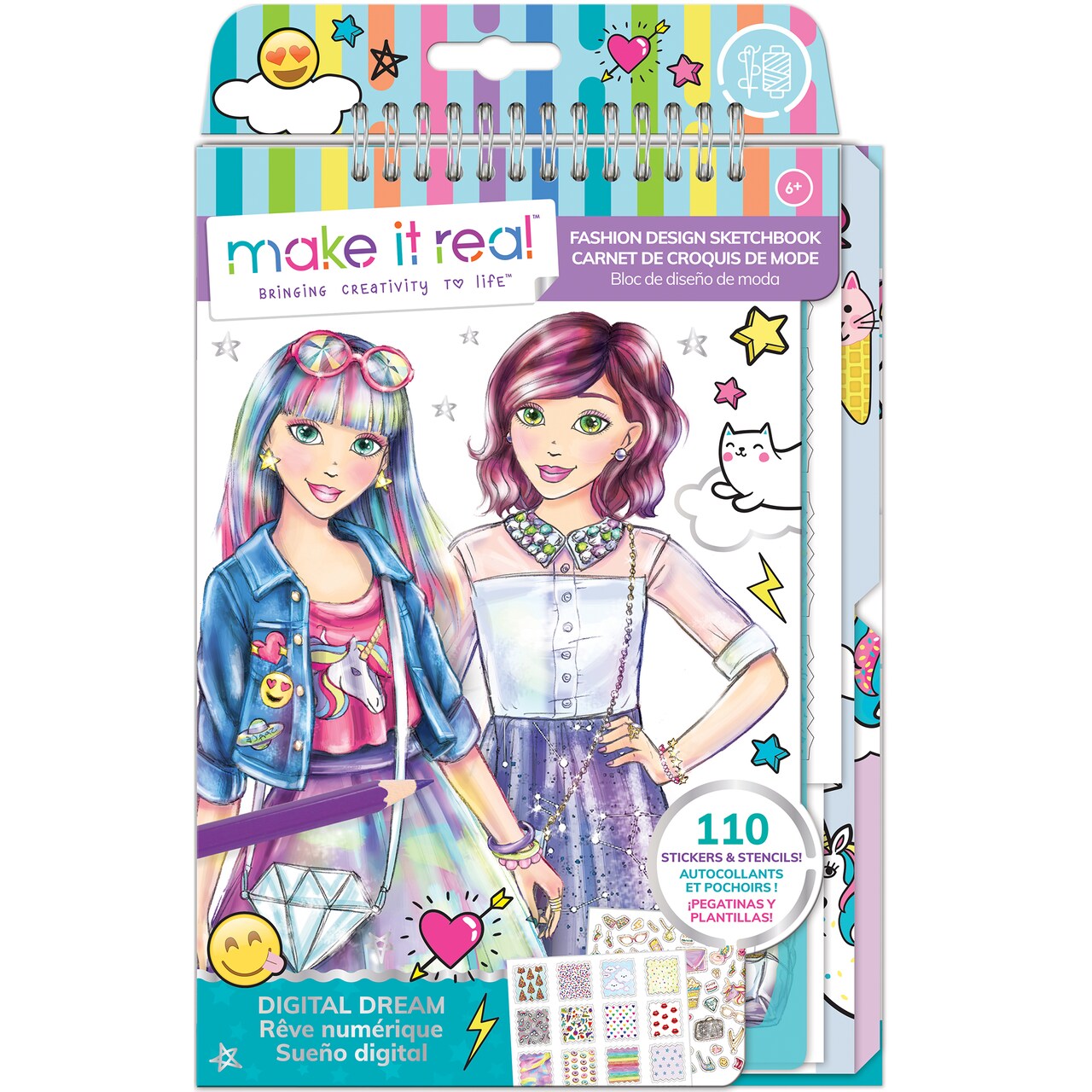 Make It Real: Fashion Design Sketchbook: Digital Dream - Includes 110 Stickers & Stencils, Draw Sketch & Create, Fashion Coloring Book, Tweens & Girls, Kids Ages 6+